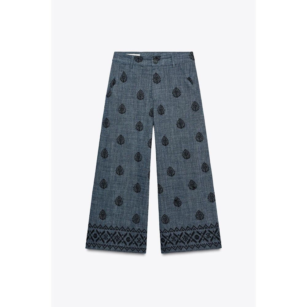Chambray Blue Zara High-Waisted Embroidered Cropped Wide-Leg Pants (NWT)